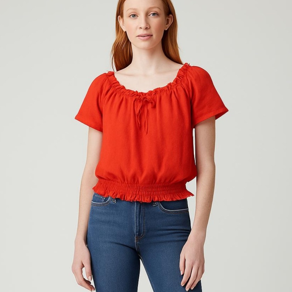 Madewell Bright Orange Smocked Tie Front Short Sleeve Blouse